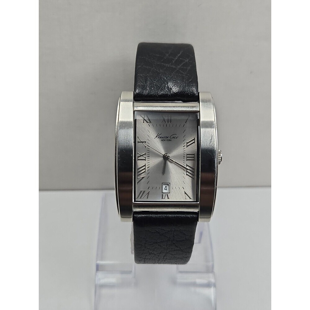 Kenneth Cole Mens Tank Date Dress 32mm Watch Silver Tone Leather New Battery